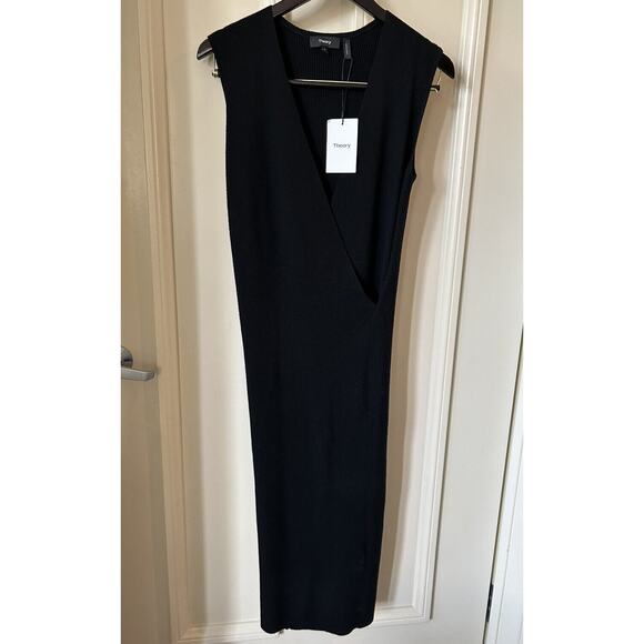 NEW $395 THEORY sz M WRAP TUNIC Sleeveless Sweater DRESS Stretch WOOL BLack C23